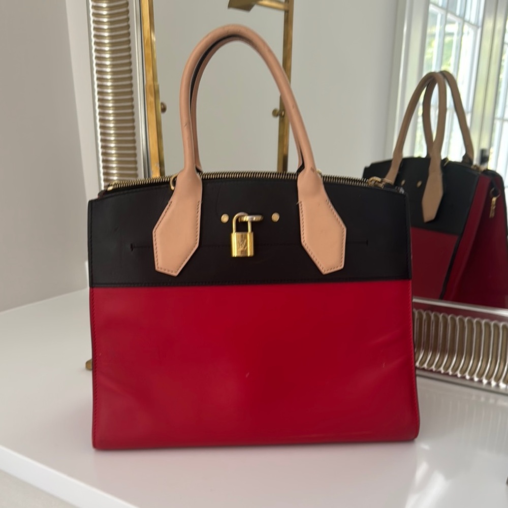 Louis Vuitton Red and Black Satchel with Structured Design
